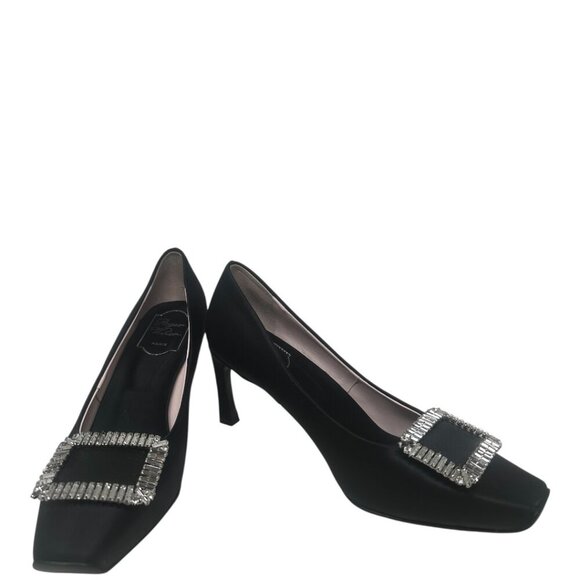 Roger Vivier Trompette Crystal Buckle Squared Toe Black Satin 70mm Pumps Size 11 - Picture 1 of 16